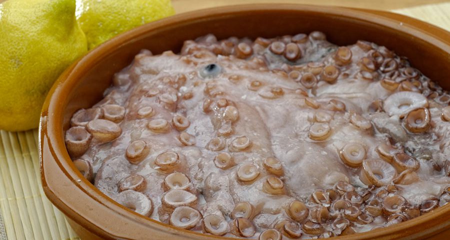 Pulpo crudo en bandeja